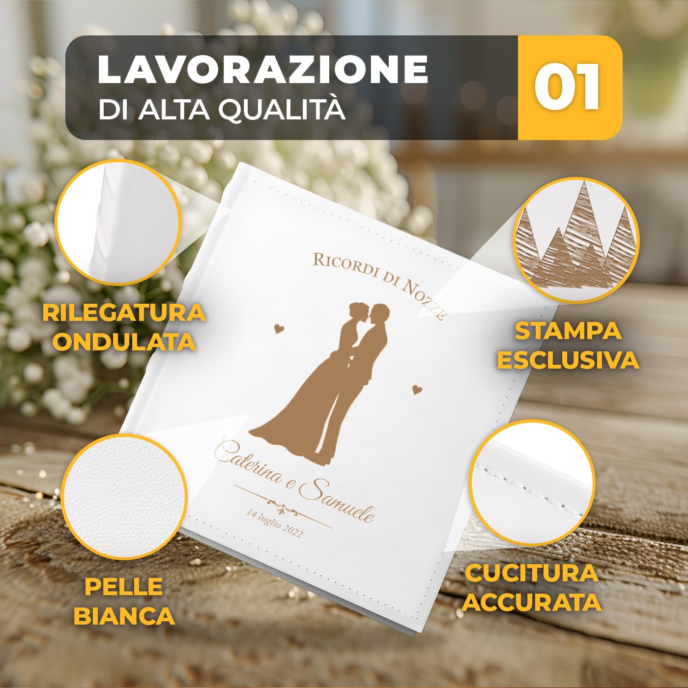Maverton Album Fotografico, Copertina in Pelle Sintetica Bianca | Personalizzata con Stampa, 60 pagine nere, 240 foto 10x15 cm, regalo per gli sposi, Ballo