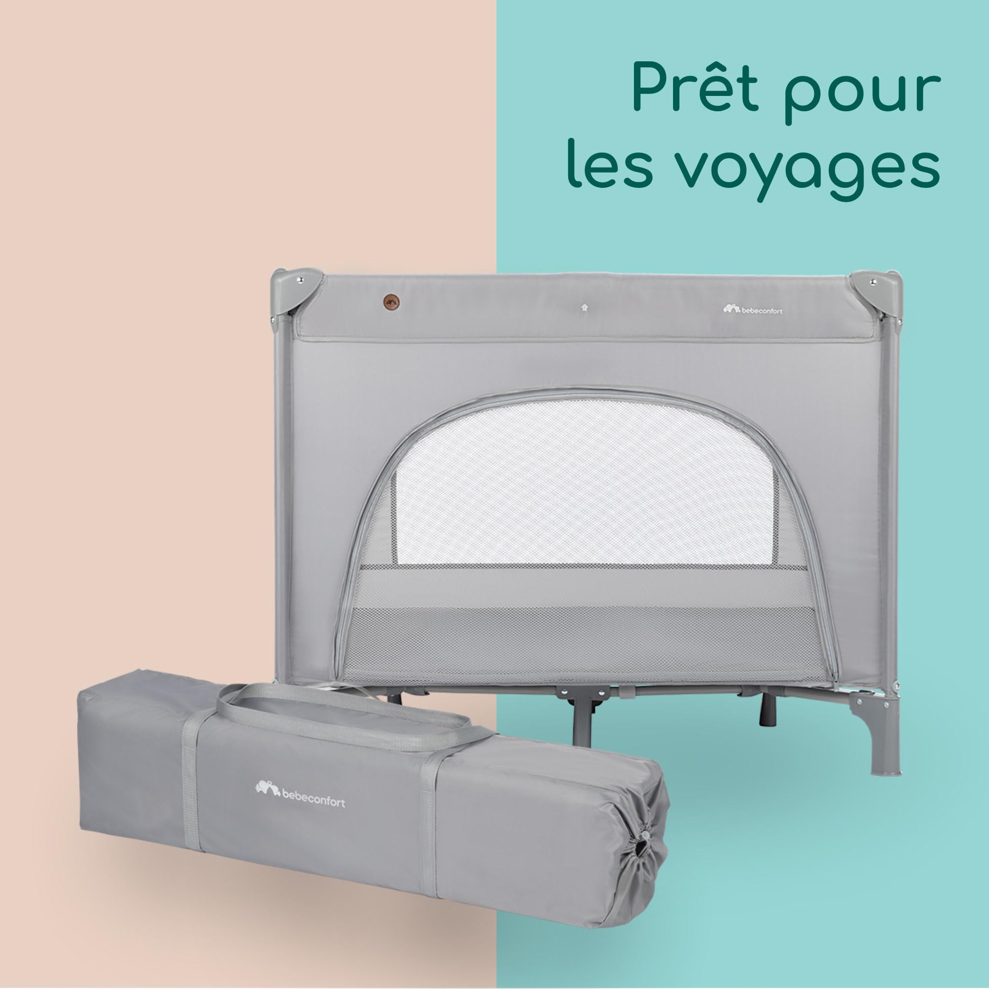 Bebeconfort Adonis, 2-in-1 reiswieg en box, 0-3 jaar (15 kg), compact opvouwbaar babybed, zij-ingangsvenster, grote gevoerde matras, gemakkelijk op te vouwen, stabiel design, mineraalgrijs