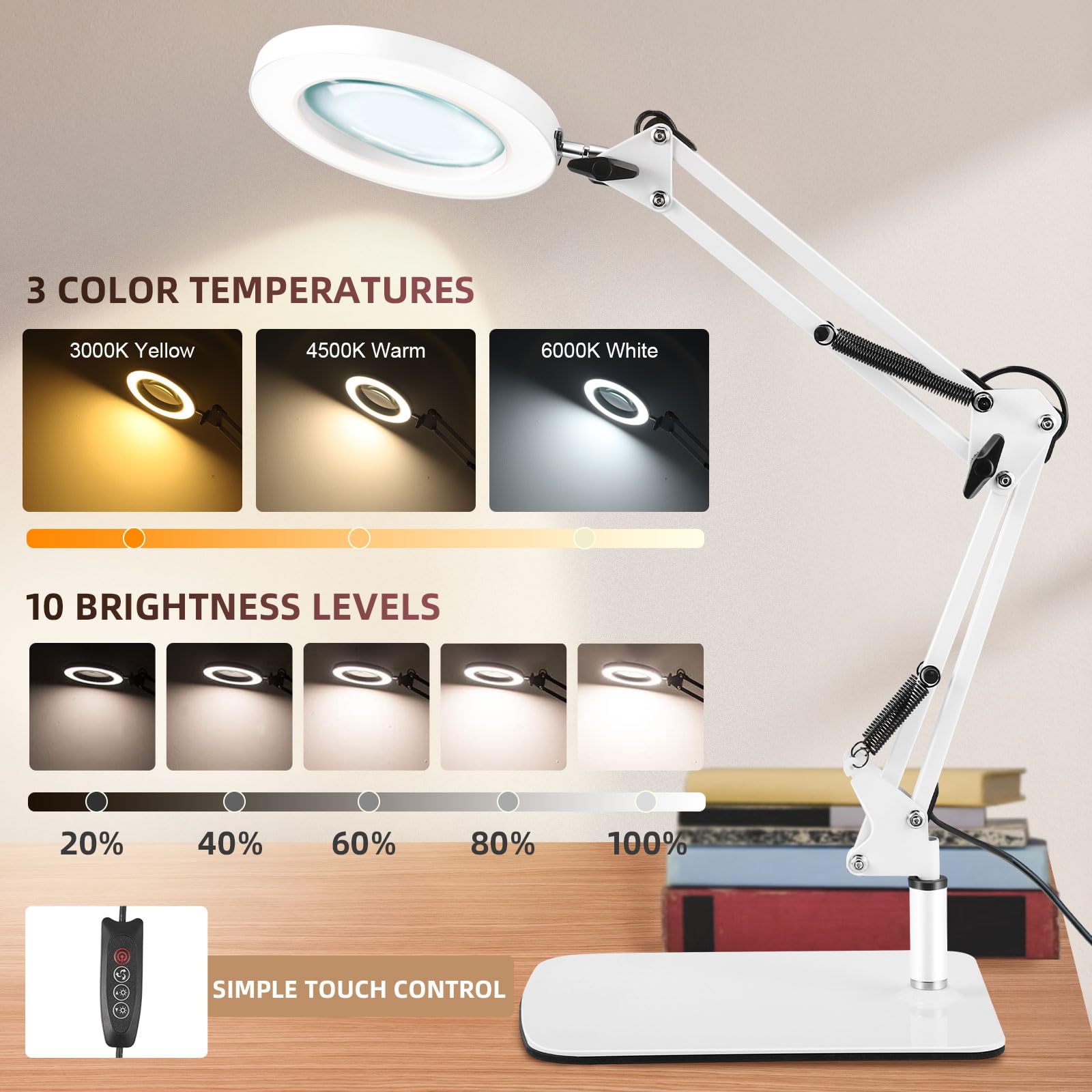Towwoo Lampada con Lente d'Ingrandimento, 10X Lente d'ingrandimento da Tavolo con Luce e Supporto, 72 LED Dimmerabili, 3 Colore e 10 Livelli di Luminosità, per Lettura, Riparazione, Artigianato