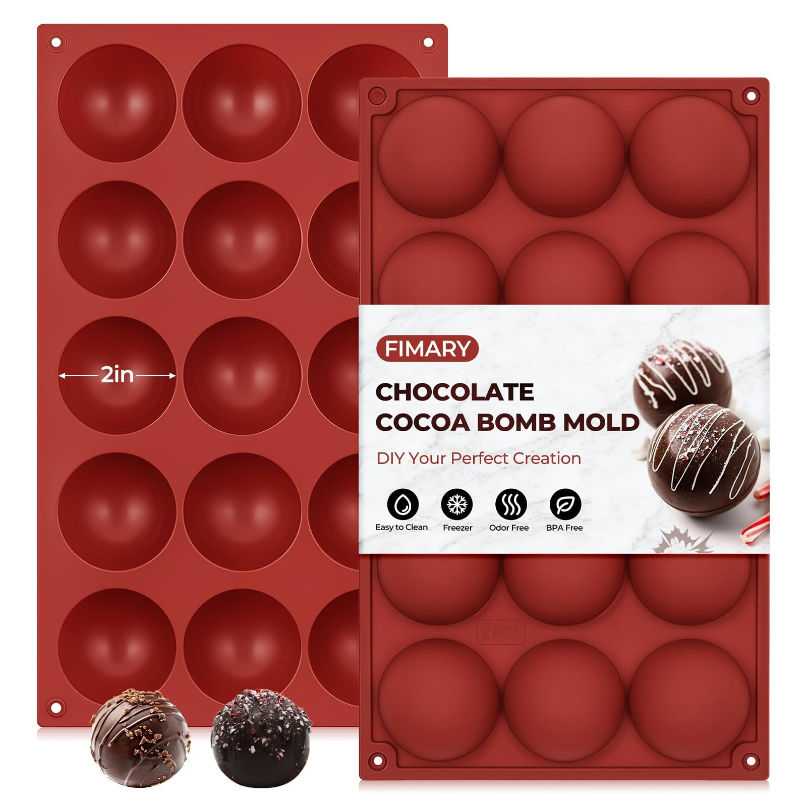 Medium 15-Cavity Semi Sphere Silicone Molds Non-Stick,2 Packs 2"Half Sphere Silicone Baking Molds for Making Jelly, Cake, Chocolates Bombs