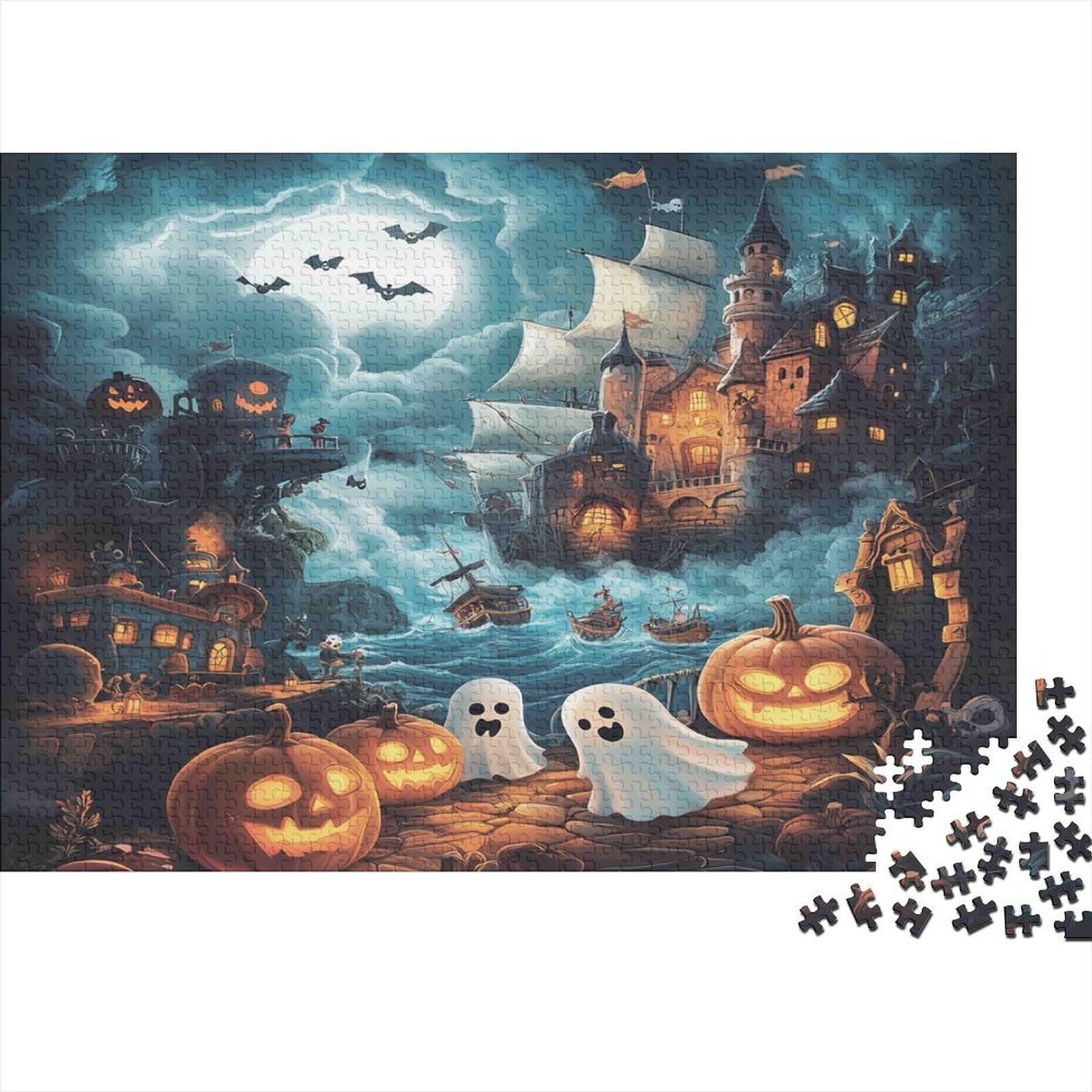Haunted Castle Halloween Night 1000 Piece Jigsaw Puzzle Paper for Adults Ghostly Scene Puzzle Game for Family Relaxation Focus Decor 52x38cm/1000pcs