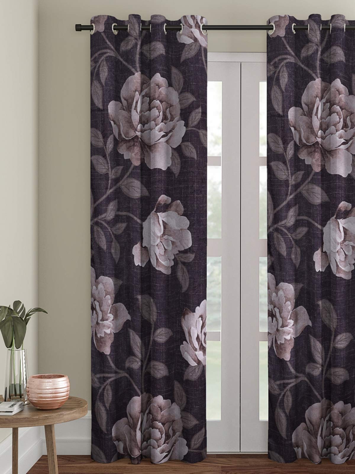 ROMEE Curtains for Door 7 Feet Long|Floral Design Velvet Polyester Door Curtain |Latest Modern Parde for Living Room Bedroom|Home Office Screens | (Black, 1pc)