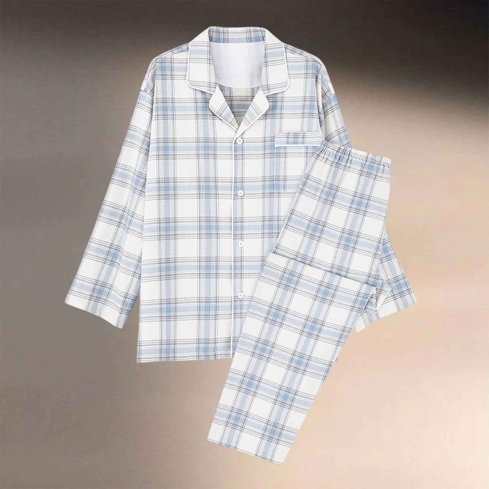 Pijama para hombre a cuadros, juego de pijama largo de dos piezas, ropa de dormir larga, juego de pijama con tira de botones, goma elástica, otoño e invierno, cómodo traje de casa