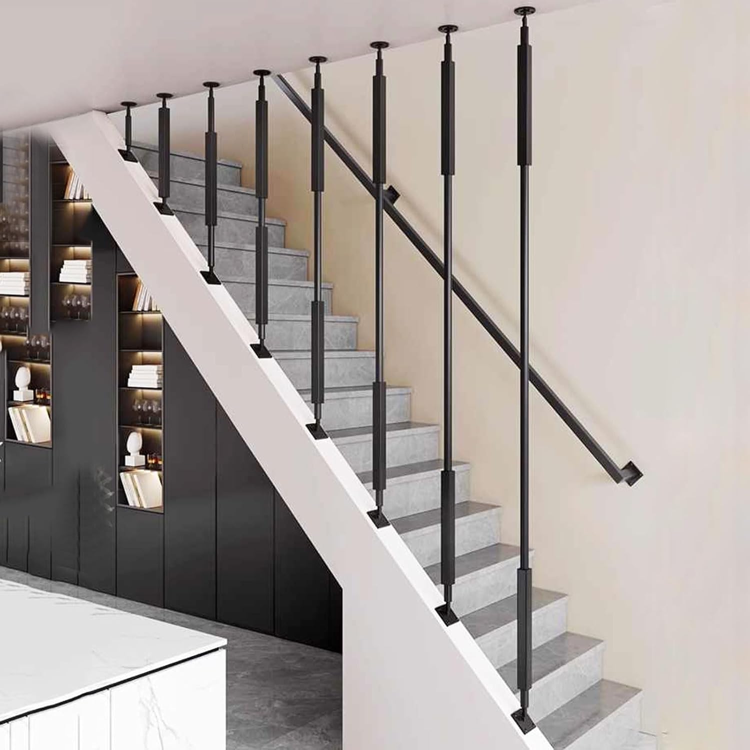 Stair Railing, 30-245cm Ceiling Mounted Staircase Handrail I-Type Bannister Guardrail Wrought Iron Stairway Grab Rail Non-Slip Safety Support Handle for Loft Villa