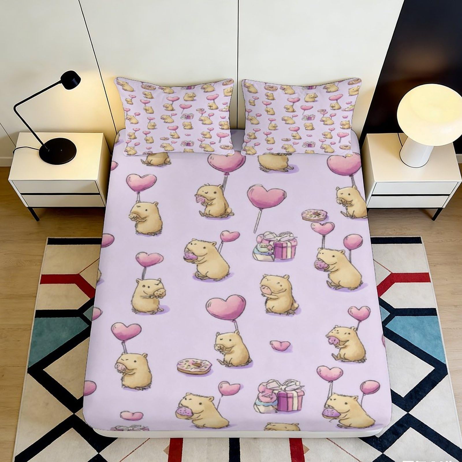 3D Printed Cute Hippo Fitted Sheet Microfiber Soft Breathable Heart Balloon Bed Cover for Bedroom Dormitory Guest Room Mattress Protection Decor 160x200x25cm