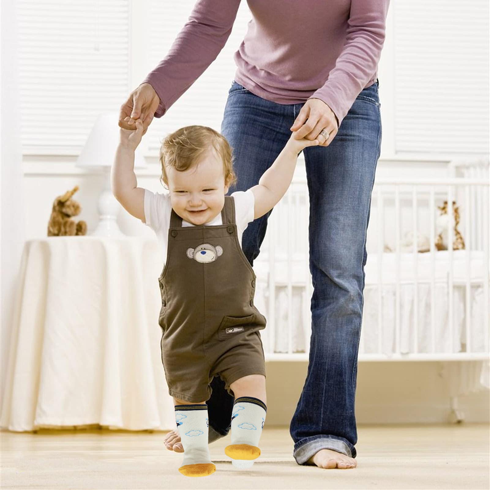 Yafane 12 Pares de Calcetines Antideslizantes para Niños Niñas Recien Nacido Unisex Pequeños Algodón Lindo con Puños Calcetines Antideslizantes para Bebés — view 5