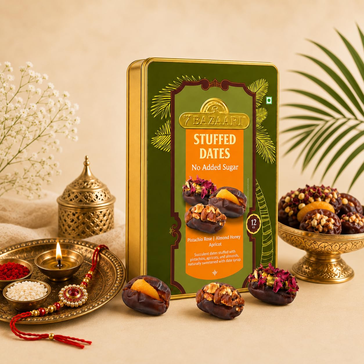 7 Bazaari Premium Rakhi Gift Box - Stuffed Dates Healthy Mithai (Pack of 12) | No Added Sugar Almond Honey, Pistachio Rose & Apricot | Individually Wrapped Energy Sweets for Rakshabandhan Gift-image-27