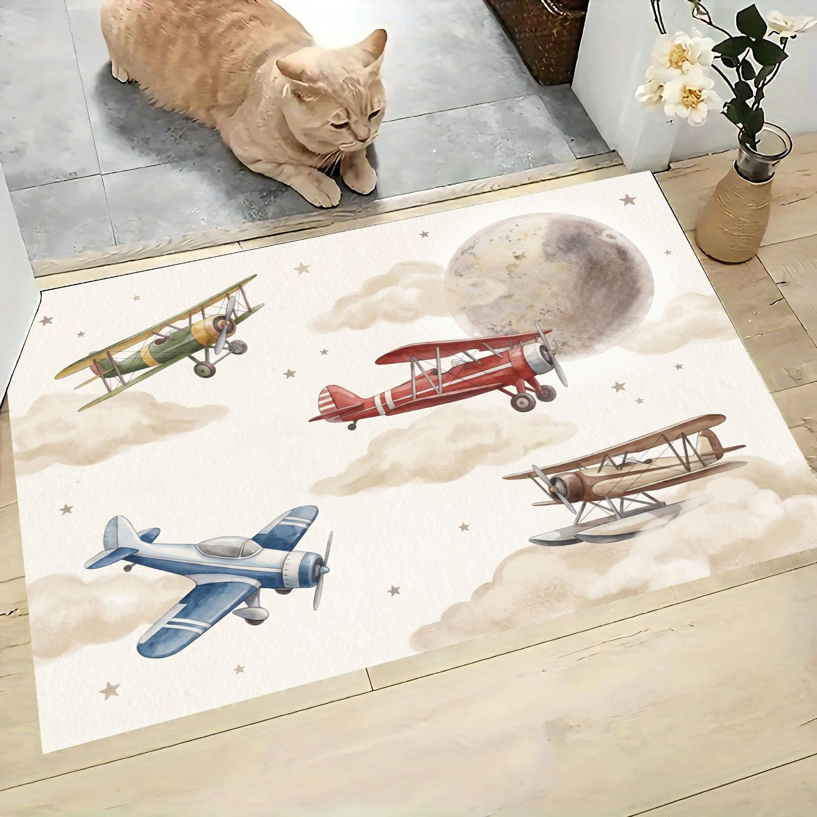 Felpudo de Entrada 80x120cm, Alfombra Estilo De Aviación Retro Atrapapolvo Alfombra Nubes De Avión Antideslizante Lavable, Alfombrilla con Microfibras Suaves Absorbentes para Puerta, Pasillo, Crema