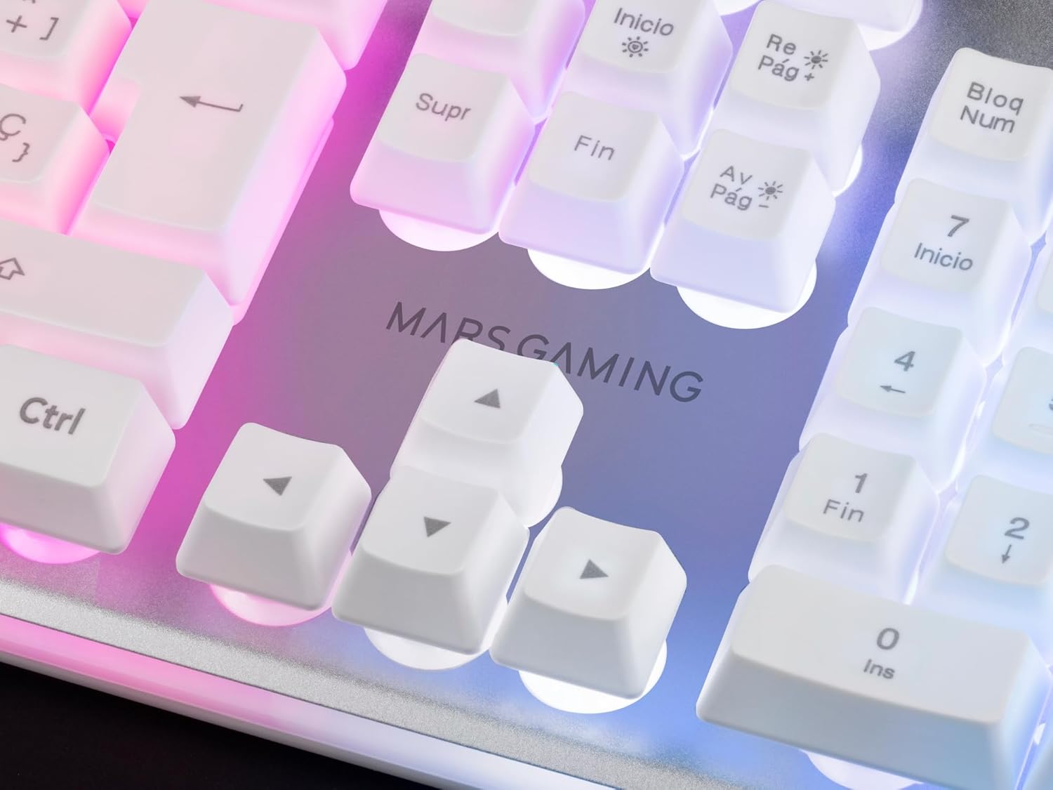 Mars Gaming logo and arrow keys on MCPX keyboard with backlighting