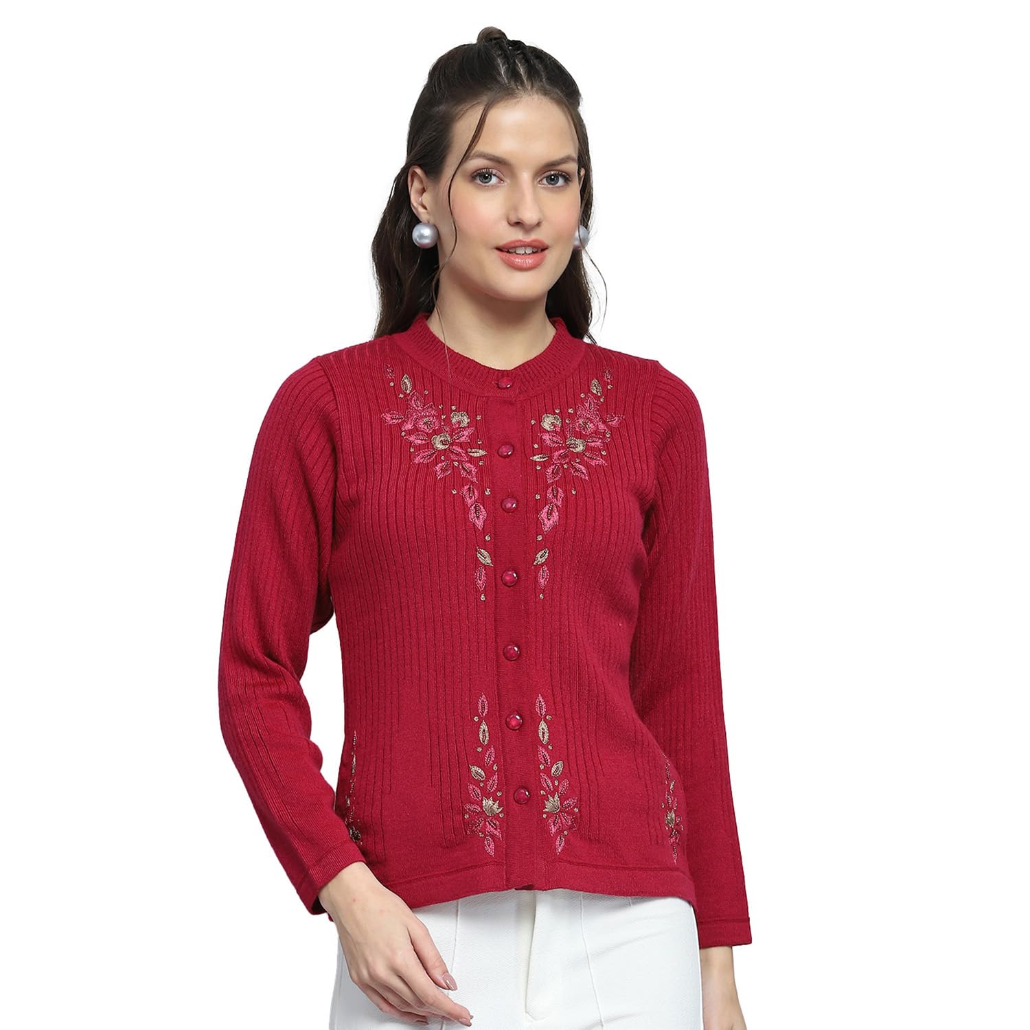 monte carlo Womens Self Design Maroon Round Neck Full Sleeve Cardigan_1243583RN-1-picture-35
