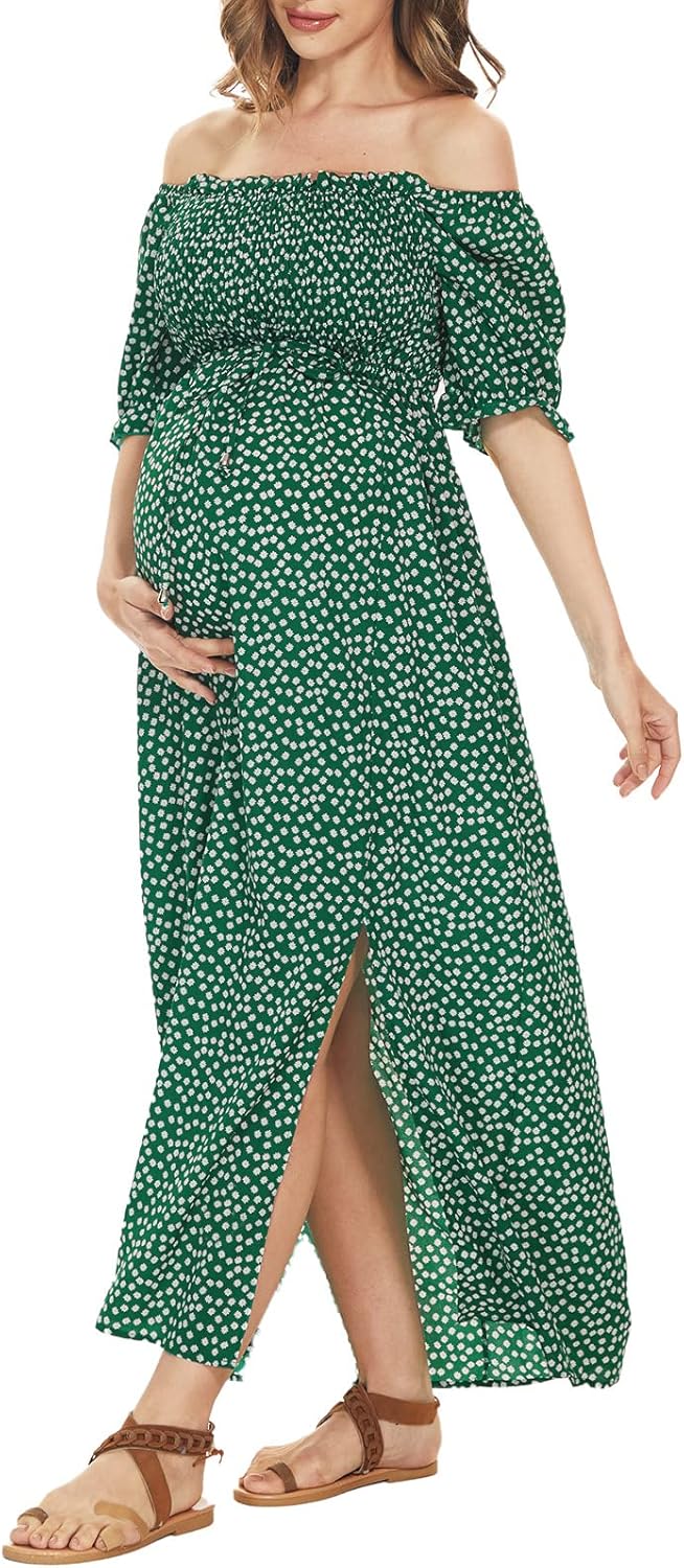 Floral Maternity Dress Square Neck Puff Sleeve Smocked Boho Photoshoot Baby Shower Pregnancy Dresses