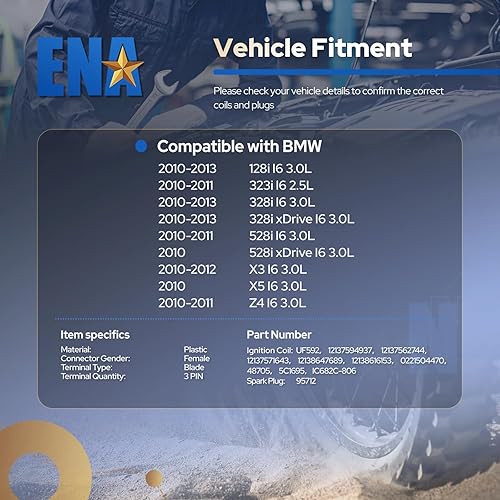 Miniatura 7 de ENA Juego de 6 bujías de platino y 6 bobinas de encendido 2010 2012 2013 compatibles con BMW 128i 323i 528i xDrive X3 X5 Z4 2.5L 3.0L repuesto para