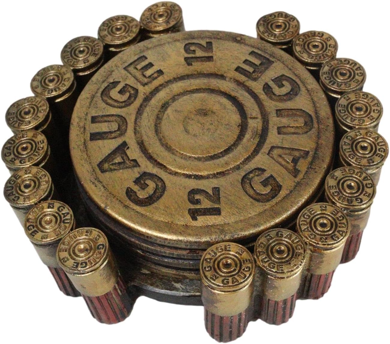 Ebros Gift Rustic Western Red and Gold 12 Gauge Shotgun Bullet Shells Kitchen Dining Home Office Accent Country Old World Outdoors Hunters and Fans (Round Coaster Holder with 4 Coasters Set)