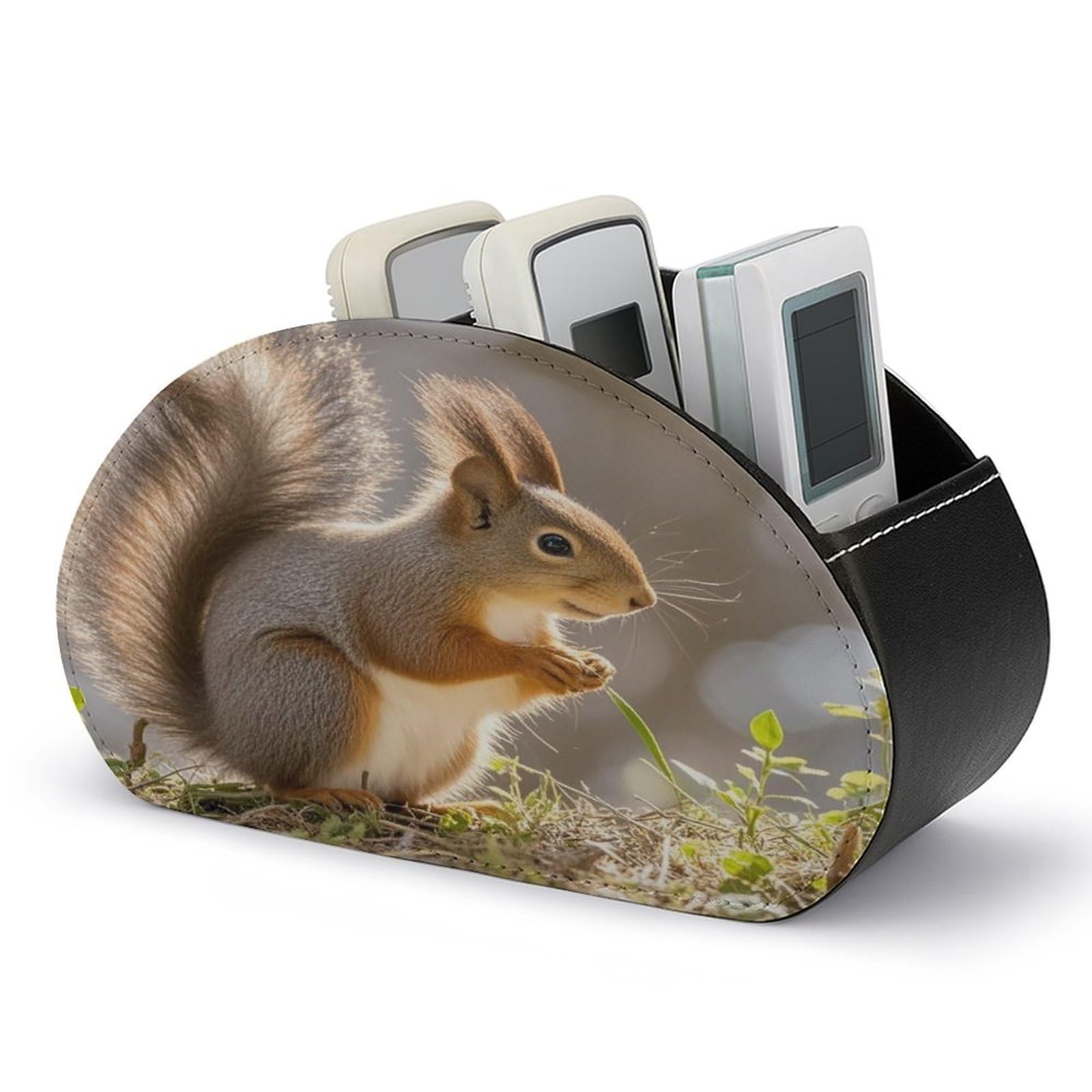 FekiLoot Squirrel Animal Remote Control Holder PU Leather Tabletop Organizer with 5 Compartments Storage Tray & Desktop Organizer for TV Remotes Glasses Pens