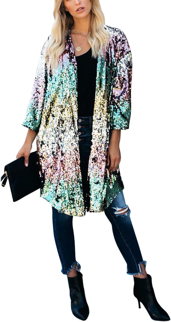 Antique StyleWomen Sparkly Sequins Flared 3/4 Sleeve Open Front Coat Glittery Cardigan Party Bar Clubwear