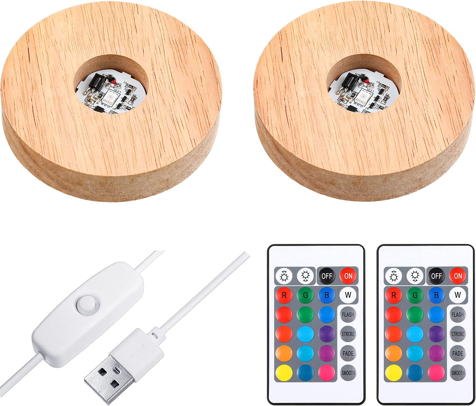 Mudder 2 Pcs Light LED Base Wood LED Display Base for Glass Art Decor Crystal Acrylic Resin, 16 Colored USB Light with Remote Wooden Round Lamp Stand for 3D Crystal Ball Room Home Decor(Wood Color)