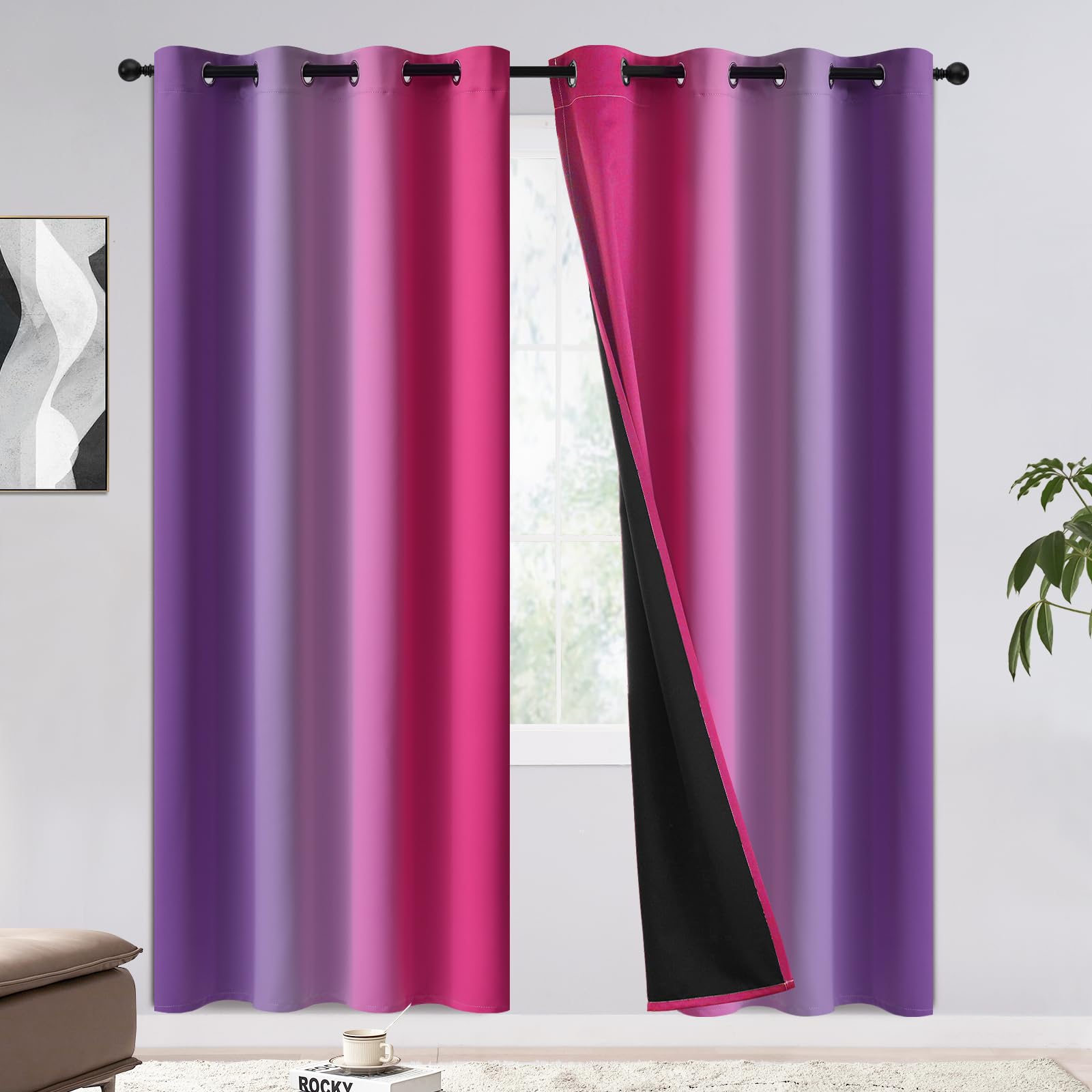 COSVIYA 100% Blackout Curtains & Drapes Pink Purple Curtains 72 inch Length 2 Panels,Full Room Darkening Grommet Gradient Insulated Thermal Window