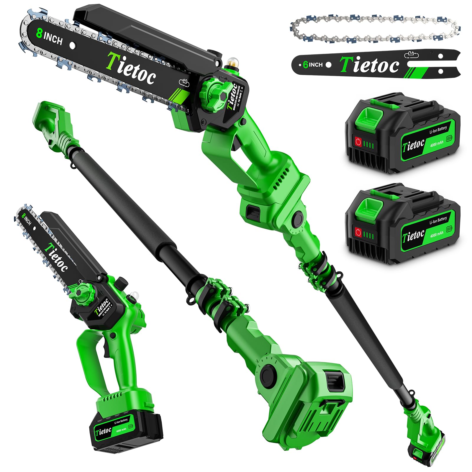 TIETOC 2-in-1 Brushless Pole Saw for Tree Trimming – 8/6" Mini Electric Chainsaw with 2×4000mAh Batteries, Auto Oiling, Tool-Free Adjustment,Cordless Battery Powered Saw for Home Garden Branch Cutting