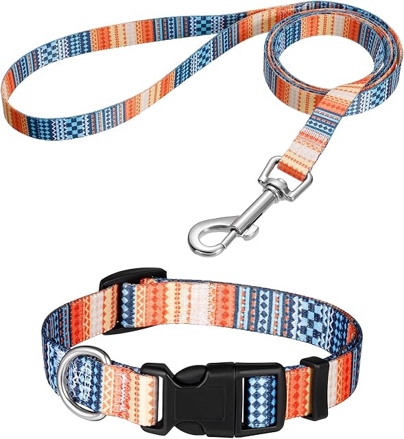 Heyu-Lotus Dog Collar and Lead Set,Safety Release Adjustable Collars Strong Nylon Leash Matching Kit for Puppy Cats Small Dogs (Orange, S)