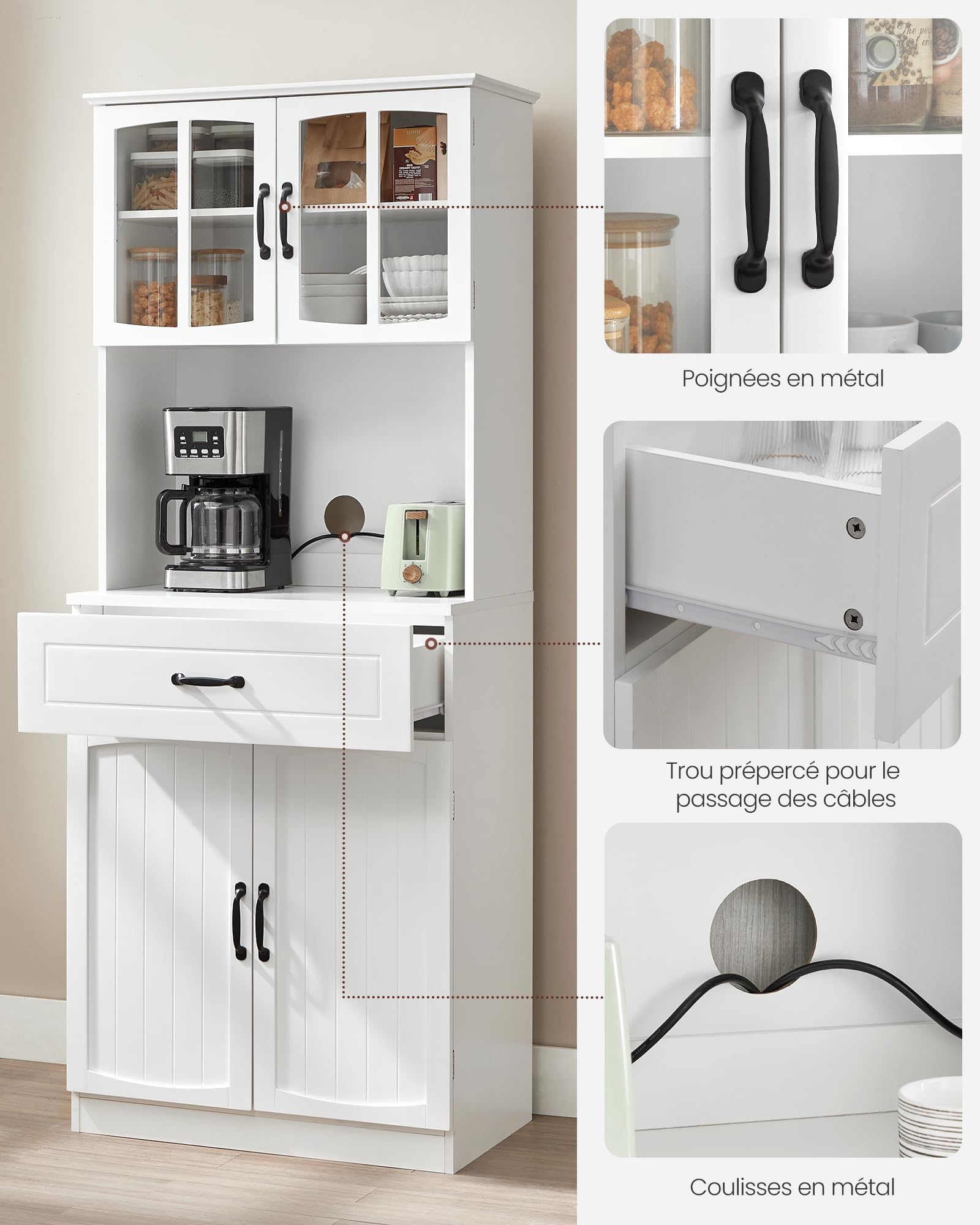VASAGLE Buffet Haut Cuisine, Meuble de Rangement, Garde-Manger, Vaisselier, avec Portes en Verre et Étagères Réglables, Trou de Passage des Câbles, pour Micro-Ondes, Style Moderne, Blanc LSC361W21