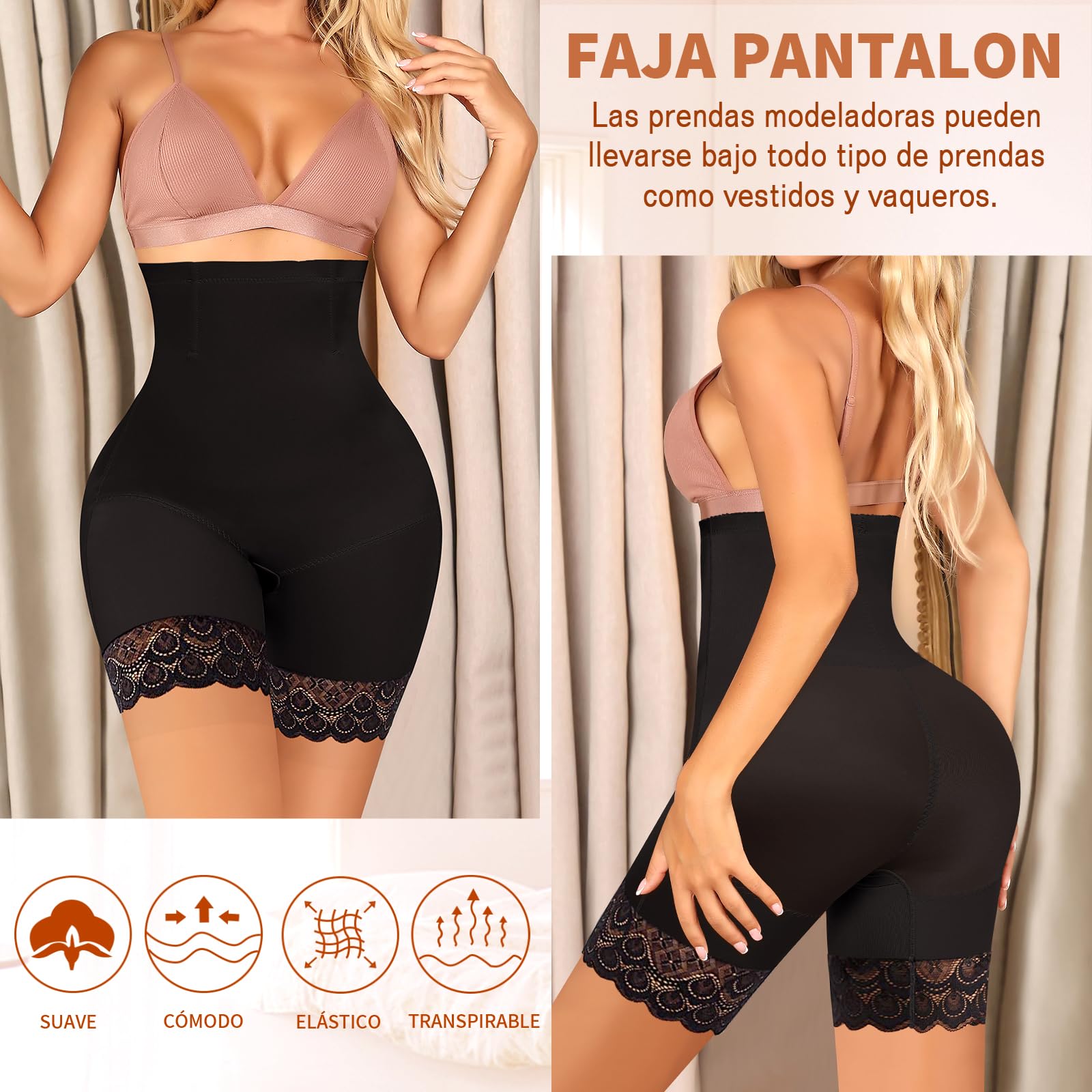 YARRCO Braga Faja Reductora Mujer de Encaje Invisible Faja Pantalon Reductora Moldeadora Adelgazante Braguitas Shapewear Fajas Postparto sin Costuras Cintura Alta Leggings Pantalones Cortos
