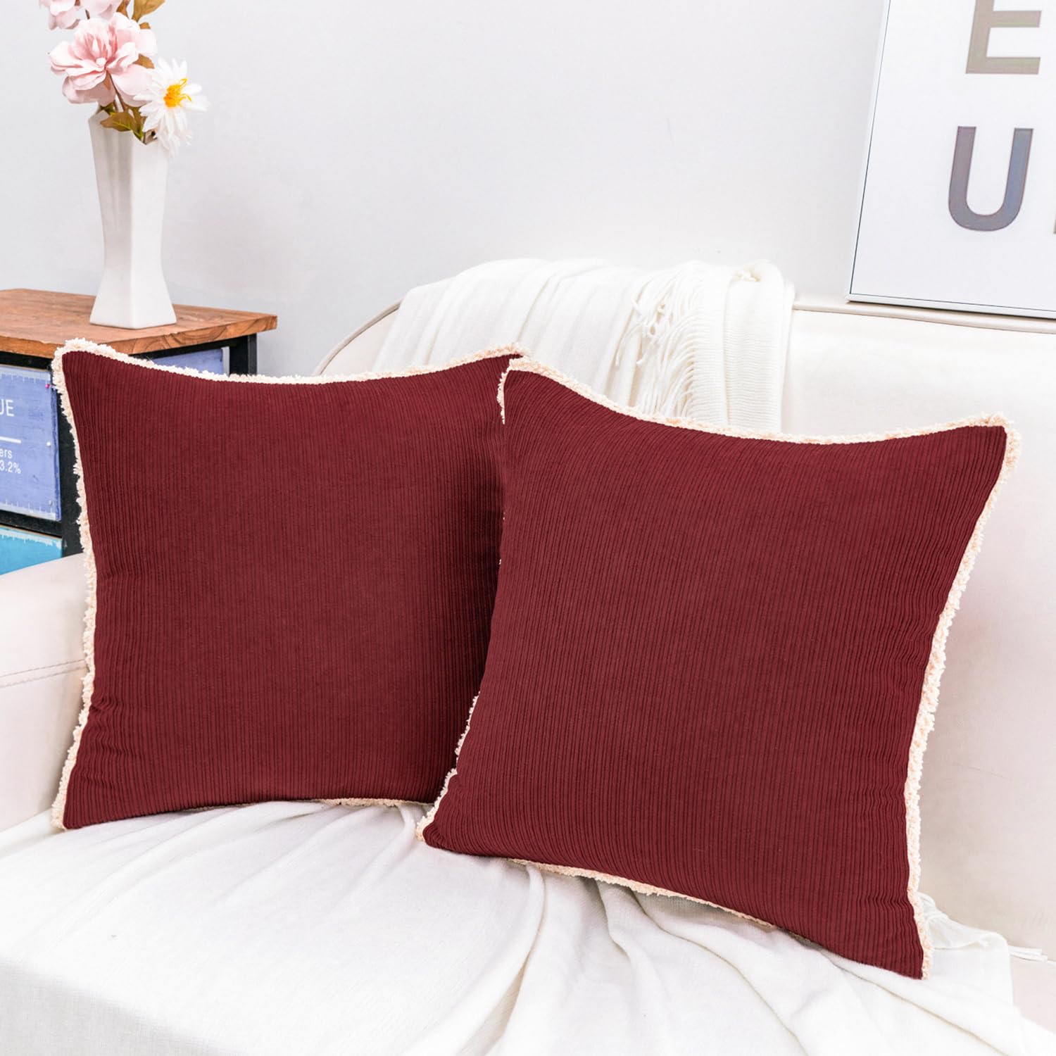 HWY 50 Burgundy Red Chenille Throw Pillow Covers 16x16 Inch with Tassels Fringe Pack of 2 Soft Boho