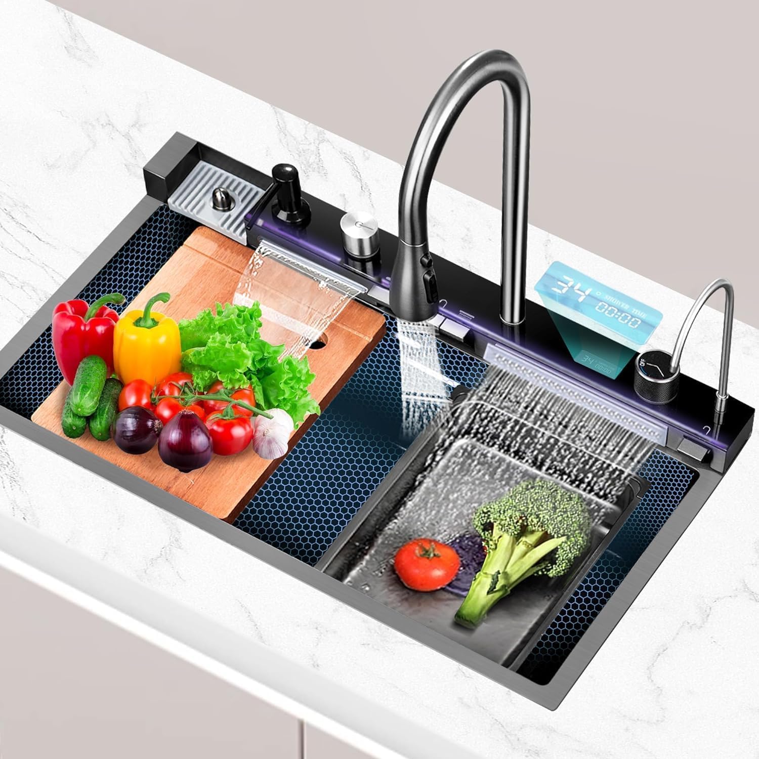 New 304 Stainless Steel Piano Sink With Digital Integrated Multifunction - Waterfall Sink with Led Lights & Digital Display Screen, (30 x18 x 9 Inch) (Matt Black) (B0D94TSQ33) Amazon Price History, Amazon Price Tracker
