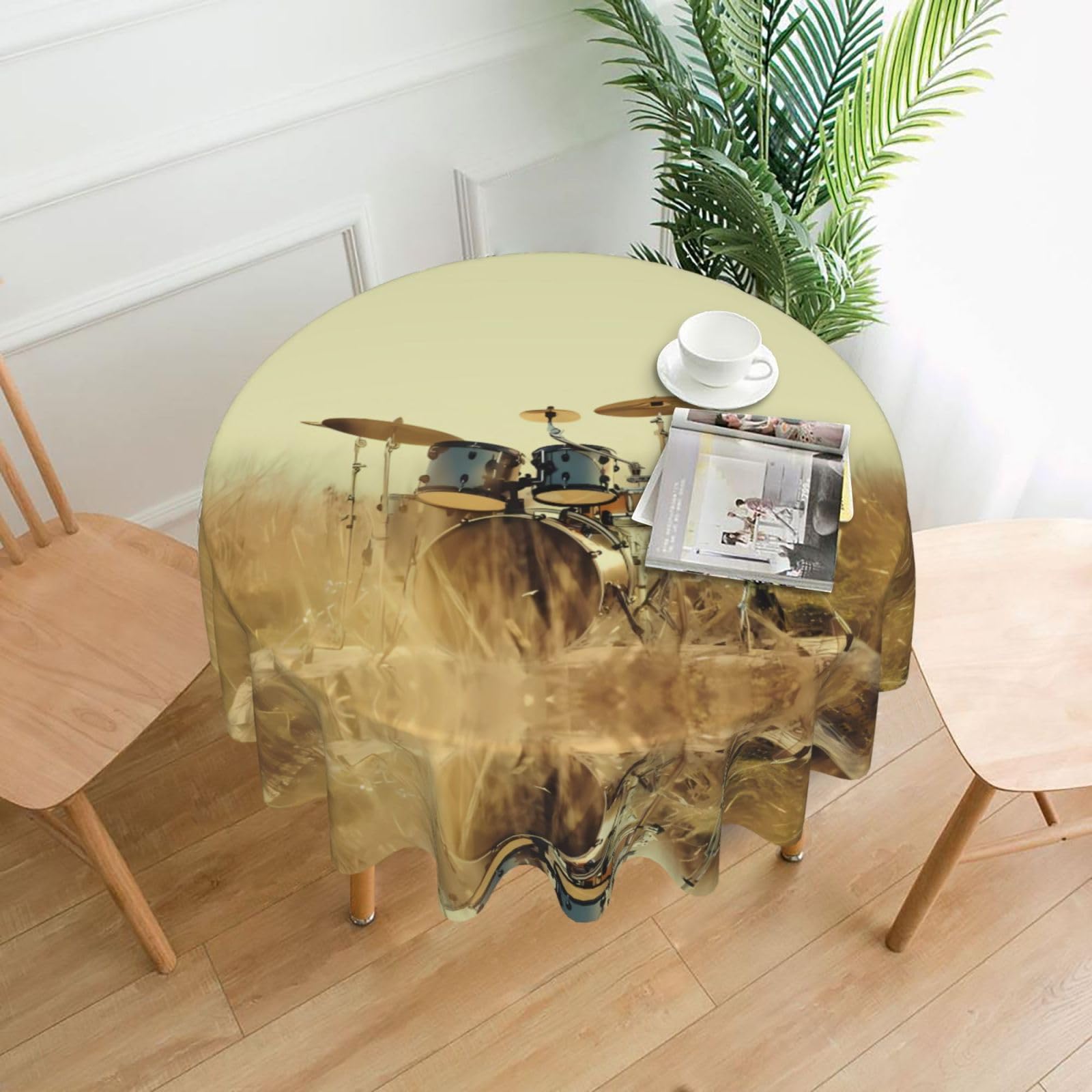 ZHAOUR Music Drum In Field Print Round Washable Tablecloth – Table Cover