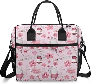 Stethoscope Print Nurse Lunch Tote Bag with Cup Holder Ribbon Flower Work Zipper Shoulder Handbag Removable Strap