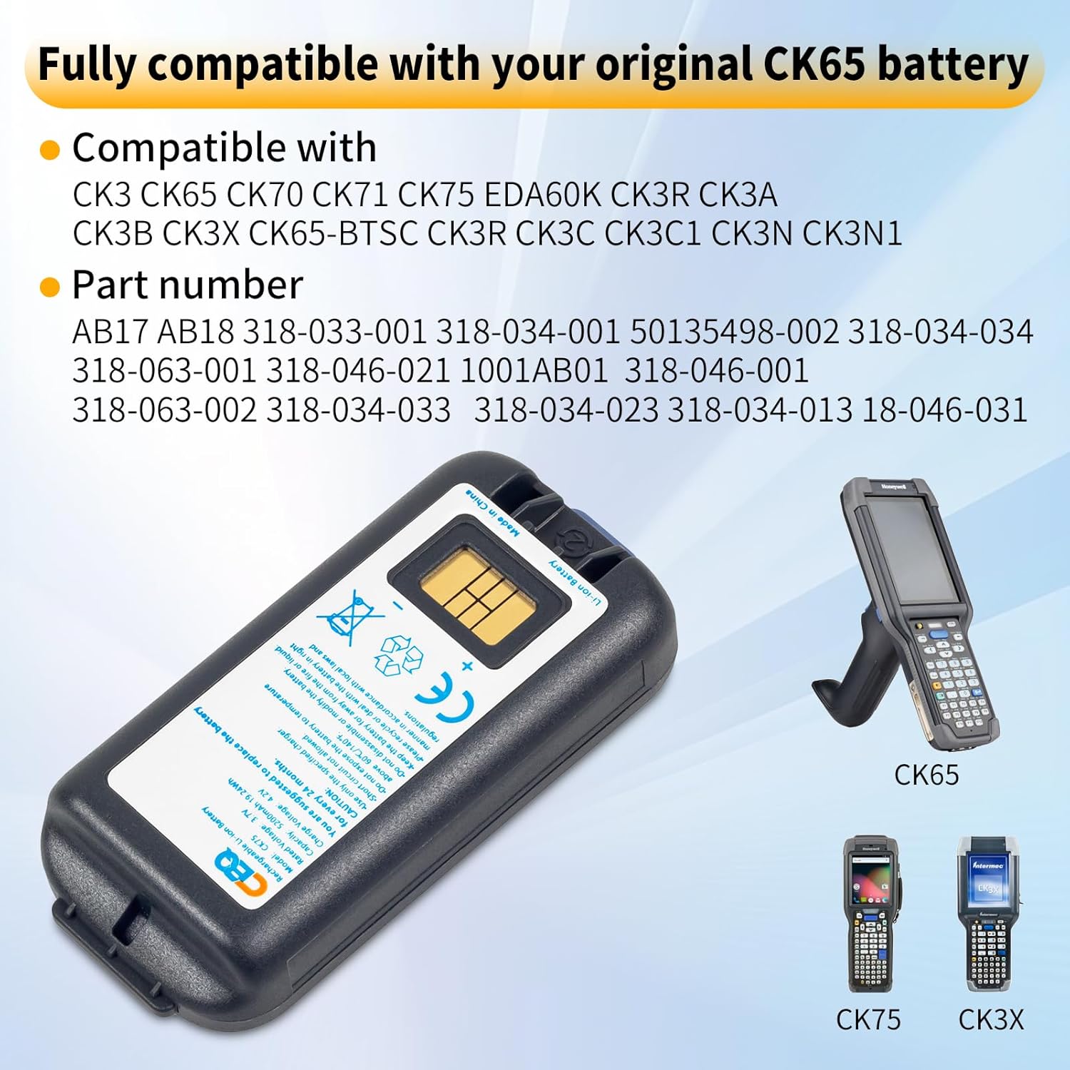 5PCS CK75 Battery Replacement for Intermec Barcode Scanner CK75 CK65 CK3 CK70 CK71 EDA60K CK3R CK3X CK3R CK3N 318-034-023 318-034-013 18-046-031 318-034-001 Li-ion Battery