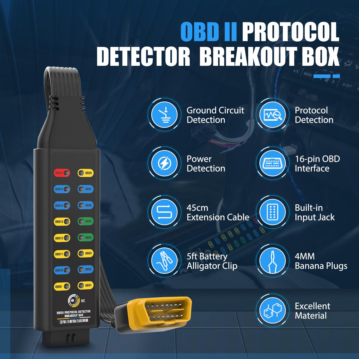 Caja de ruptura OBD2, detector de protocolo OBDII, caja de ruptura CAN de 16 pines, caja de ruptura OBD2 automática con puentes de cable universales, clips de cocodrilo, enchufe banana de 4 mm