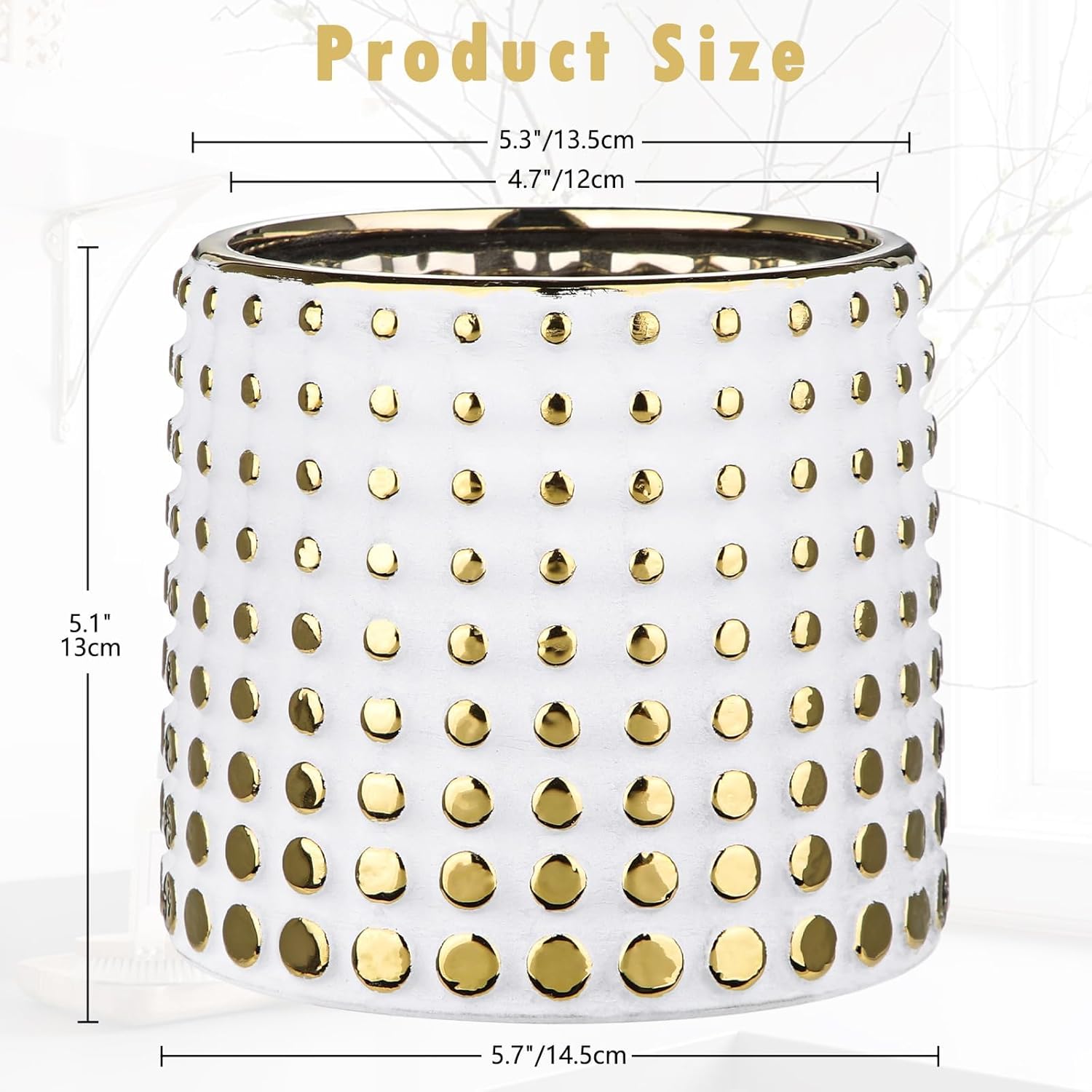GnFlus Ceramic Plant Pots Indoor, 5.7 Inch Planters for Indoor Plants Gold Polka Dots Flower Pots with Drainage Hole, Cylinder Round Planters, Gold and White
