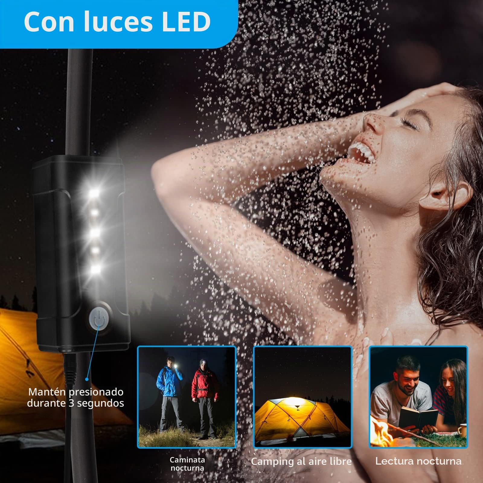 Ducha de camping portátil,luz LED,carga USB,bolsa de transporte portátil,bomba de ducha eléctrica,Con cabeza de ducha y aspersor,adecuada para senderismo/camping,playa,mascotas,al aire libre