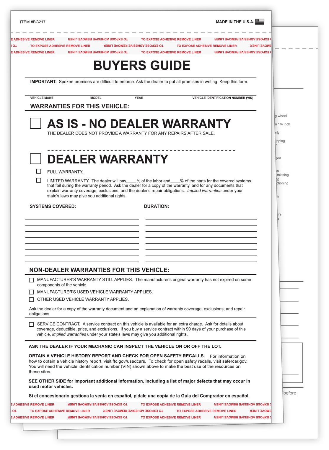 2-Part Adhesive Tape Car Dealer Buyers Guides - As is (Package of 100)