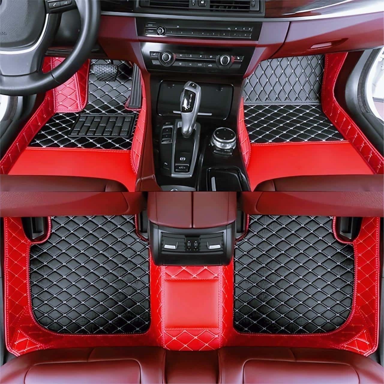 Custom Luxury Car Floor Mats Suitable for All Sedans, Sports Cars,SUV, Business Vehicles, Trucks, Waterproof and Anti Slip Fully Covered Leather Floor Mats (Red and Black)