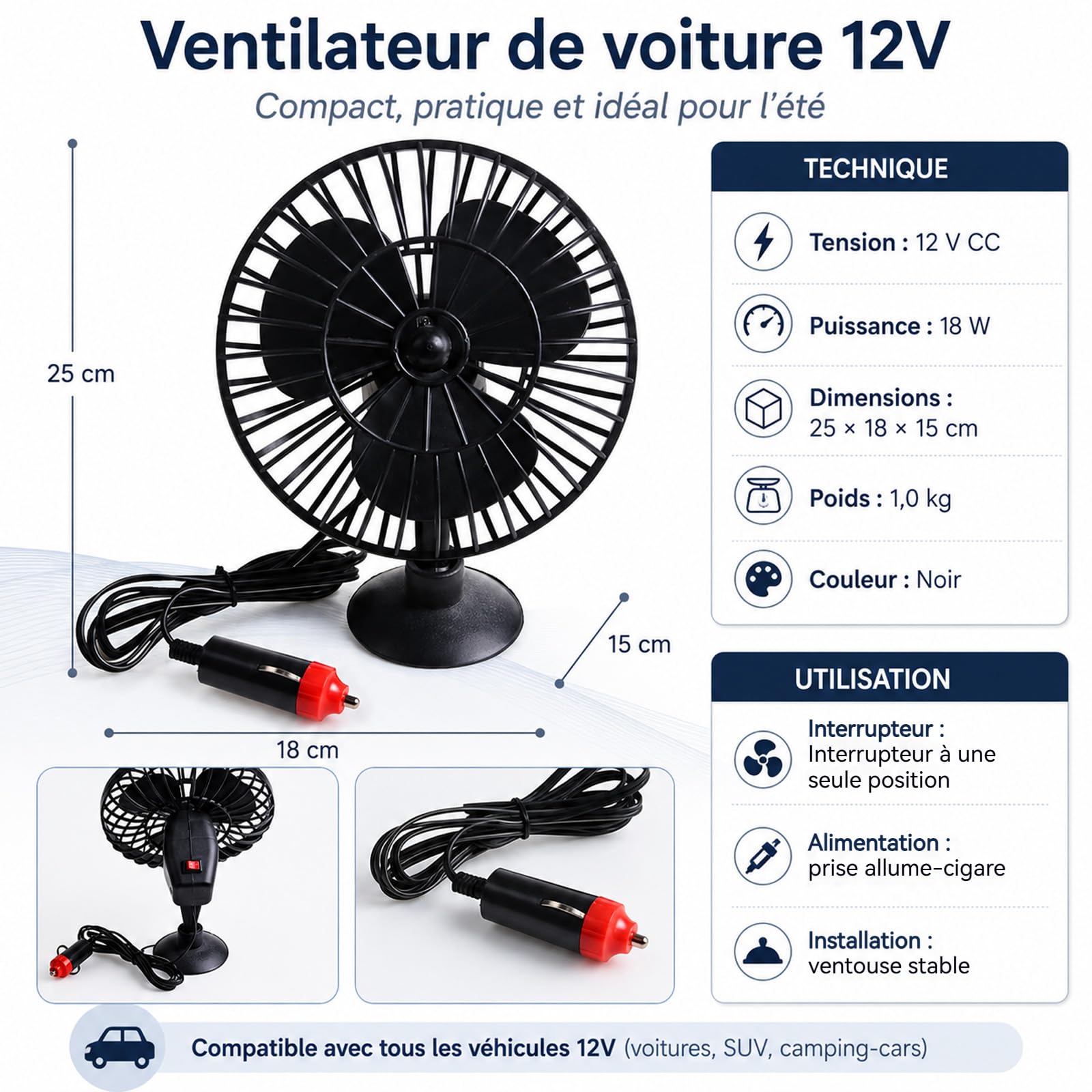 Ventilateur de Voiture 12v, Ventilateur de Voiture Allume Cigare Portable Camion Ventilation Ventouse RéGlable Ventilateur de Bureau
