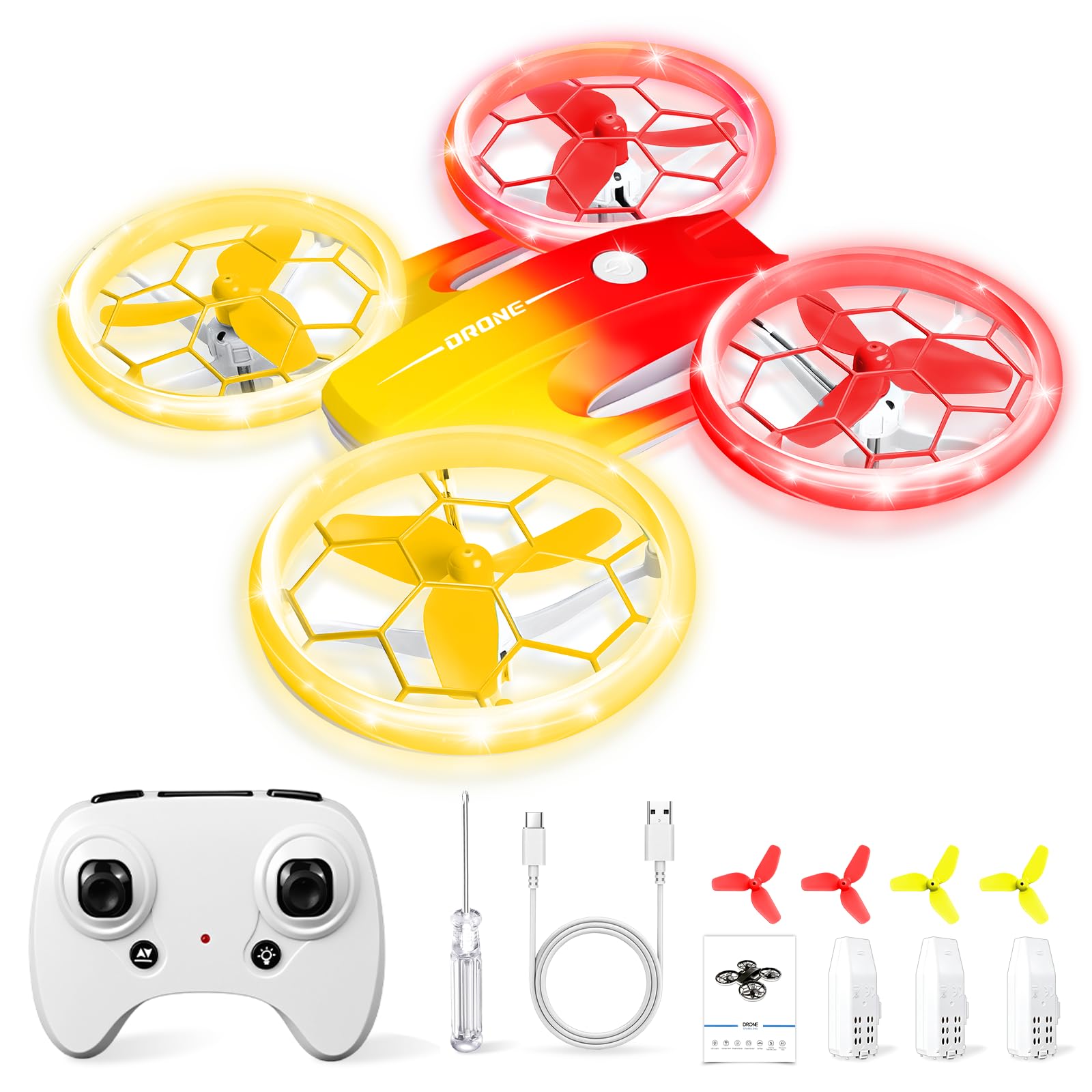 Charmofun Mini Drone Giocattolo per Bambini, Drone Telecomandato con 4 Effetti Luci Led, Droni per Principianti con Capriole a 360°, 3 Batterie, Regali per Bambini e Bambine 6 7 8 9 10+ Anni
