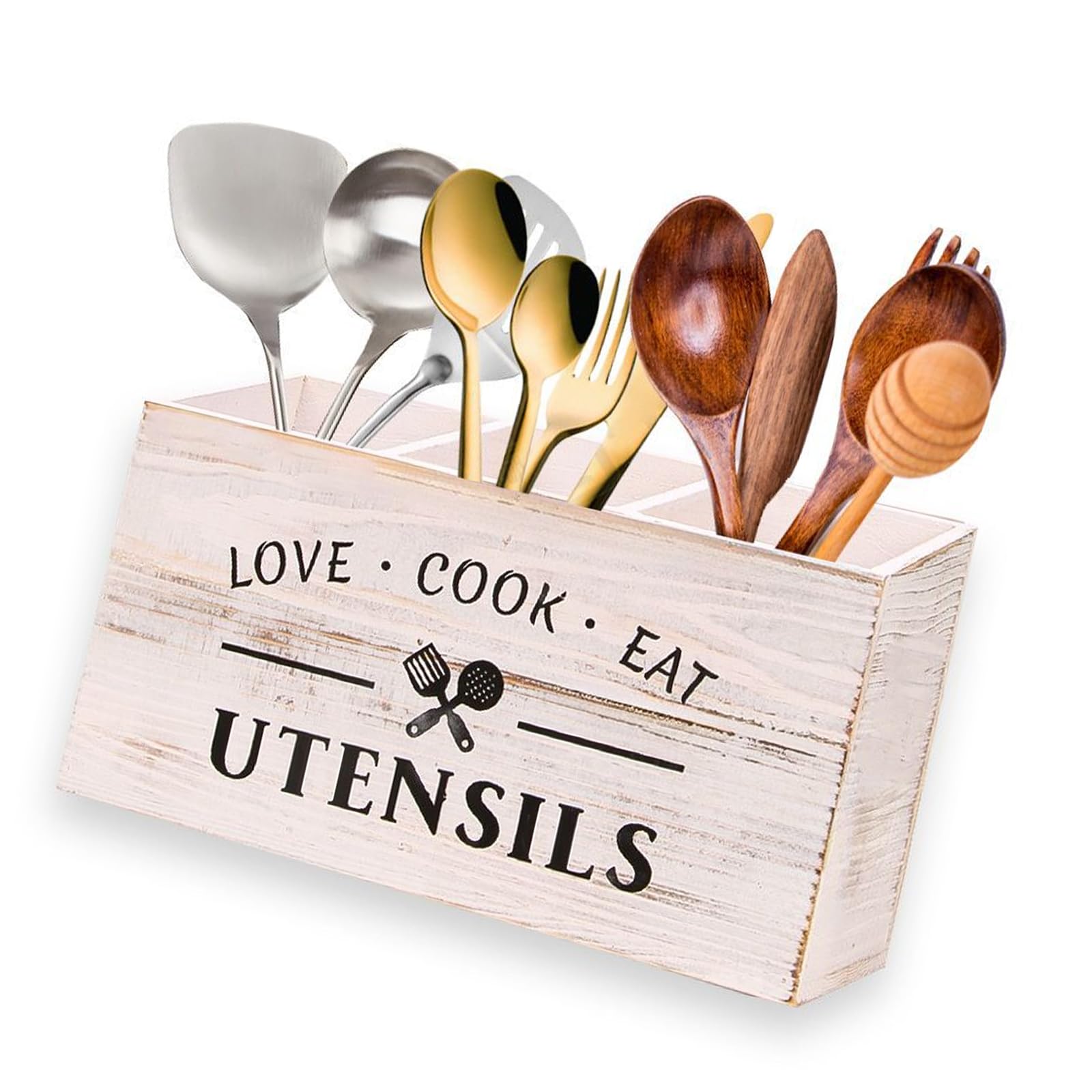 Jazuaiao Rustics Wooden Utensils Holder with Compartments for Organizing Over 40 Kitchen Tool and Accessories Permanent Wooden Cookware