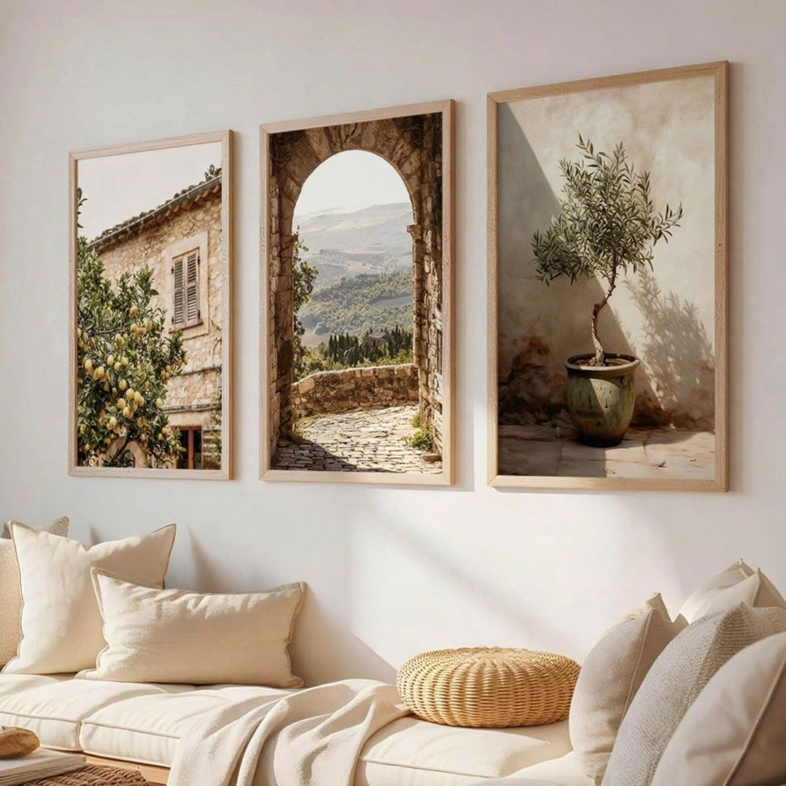 ZBELLO Set of 3 Neutral Tuscan Village Wall Art Prints, Mediterranean Stone Arch Olive Tree & Lemon House Photography Posters, Warm Farmhouse Decor for Living Room Bedroom, Unframed (30x40cm)