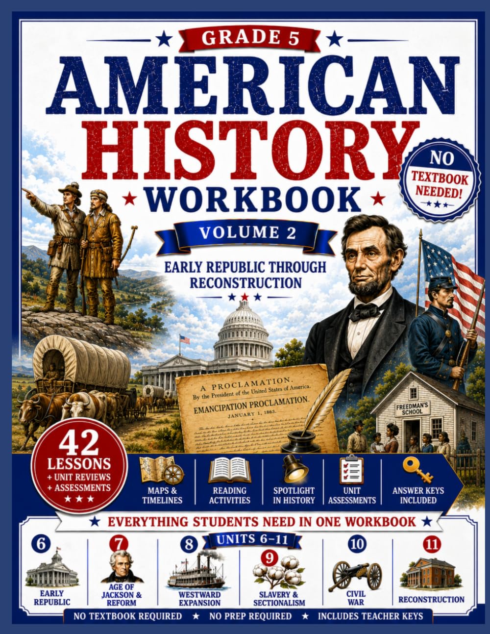American History Series Workbook Volume 2: Early Republic Through Reconstruction: No textbook needed. U.S. History Workbook with Reading, Vocabulary, ... Grade 5 (American History Workbook Series)