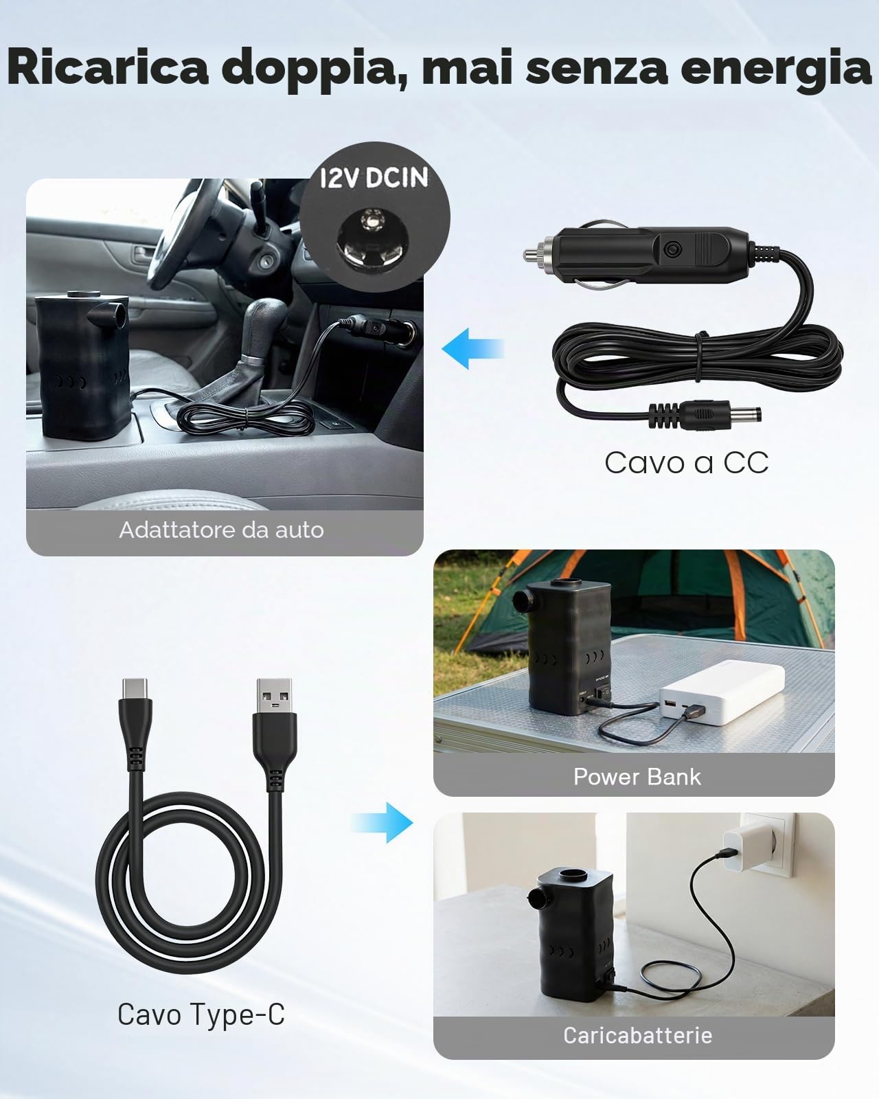 Zacro Pompa ad aria elettrica USB e DC, carica elettrica, pompa elettrica da 6000 mAh, batteria integrata con 3 ugelli per materasso gonfiabile, cuscino, letto, barca e salvagente