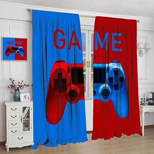 Miniatura 4 de Cortinas de gamer para niños, cortinas de ventana de juegos rojo y azul para niños, adolescentes, control de videojuegos, tratamiento de ventana
