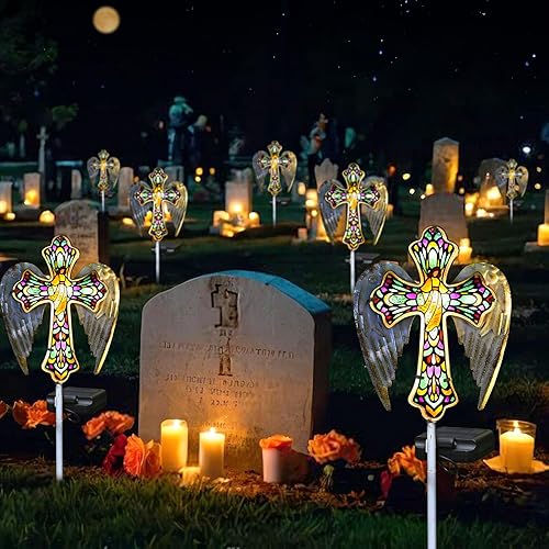 Miniatura 4 de YJFWAL Luz solar de cristal con estaca de jardín, decoraciones de cementerio para tumbas al aire libre, alas de ángel de cruz de Jesús, regalos