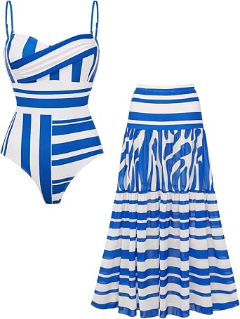 Womens Adjustable Shoulder Straps Bathing Suits Sling Water Ripple Printed One Piece Swimsuit and Striped Skirt