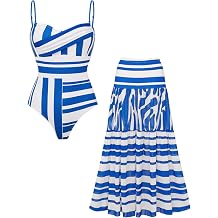 FLAXMAKER Women's Adjustable Shoulder Straps Bathing Suits Sling Water Ripple Printed One Piece Swimsuit and Striped Skirt