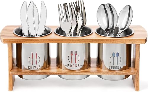 Soporte de cubiertos para encimera, organizador de utensilios de cubiertos de acero inoxidable con soporte de bambú, soporte rústico para cubiertos