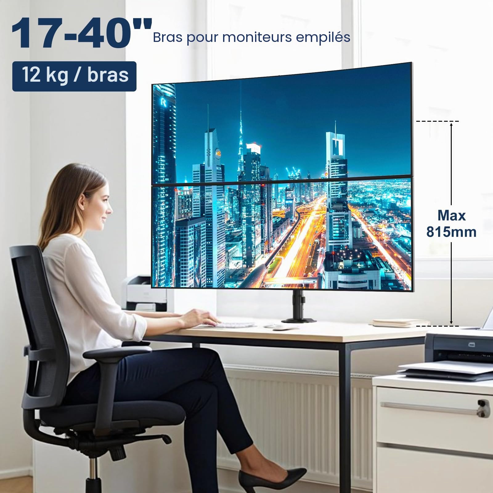Support Double Moniteur pour 17 à 40 Pouces, supporte jusqu'à 12 kg, Bras de Moniteur pour 2 moniteurs placés verticalement/parallèlement, Montage VESA 75/100 mm