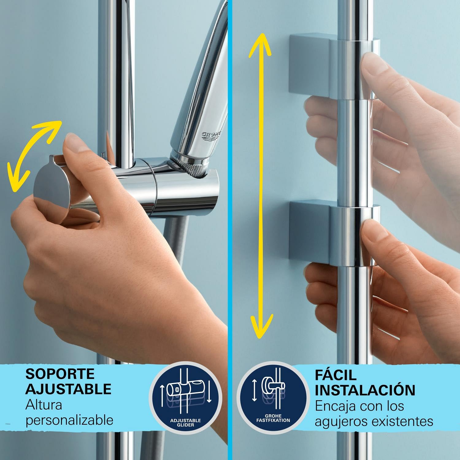 GROHE QuickFix Vitalio Joy 260 - Columna de ducha con termostato (mural 26cm, teleducha 11cm, 3 chorros, flexo 1.75m, repisa, QuickSpanner incl.), cromo, 26403002 [Clase de eficiencia energética A]
