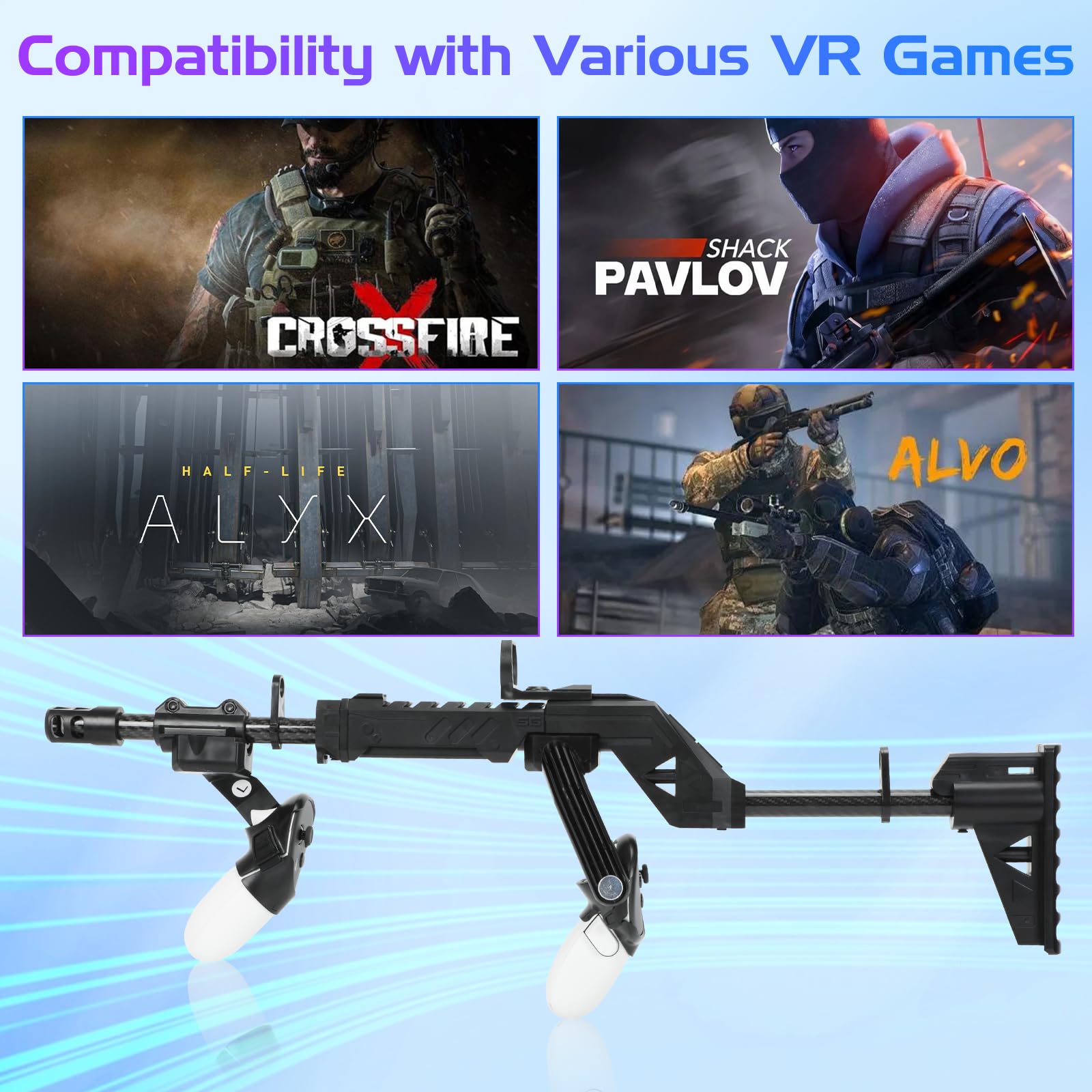 VR Gun Stock für MetaQuest 3/3S, VR Gunstock für Quest 3/Quest 3S Schießcontroller Griff Rifle, Quest 3/3S Zubehör Magnetisches Gewehr Gewehrschaft, mit Schultergurten (für Quest 3)