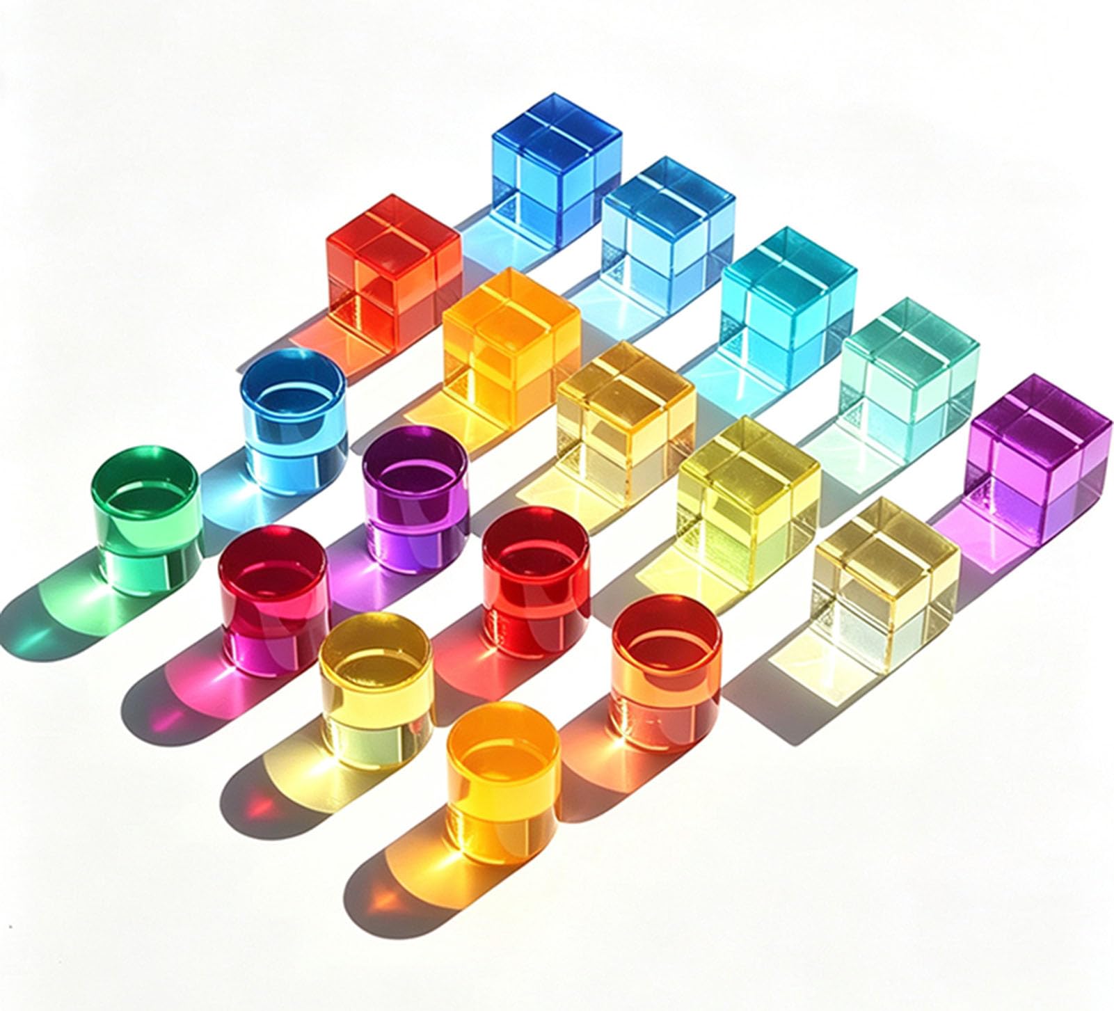 Giocattoli da Tavolo Luminosi Montessori con cilindri Arcobaleno e Forme a cubo